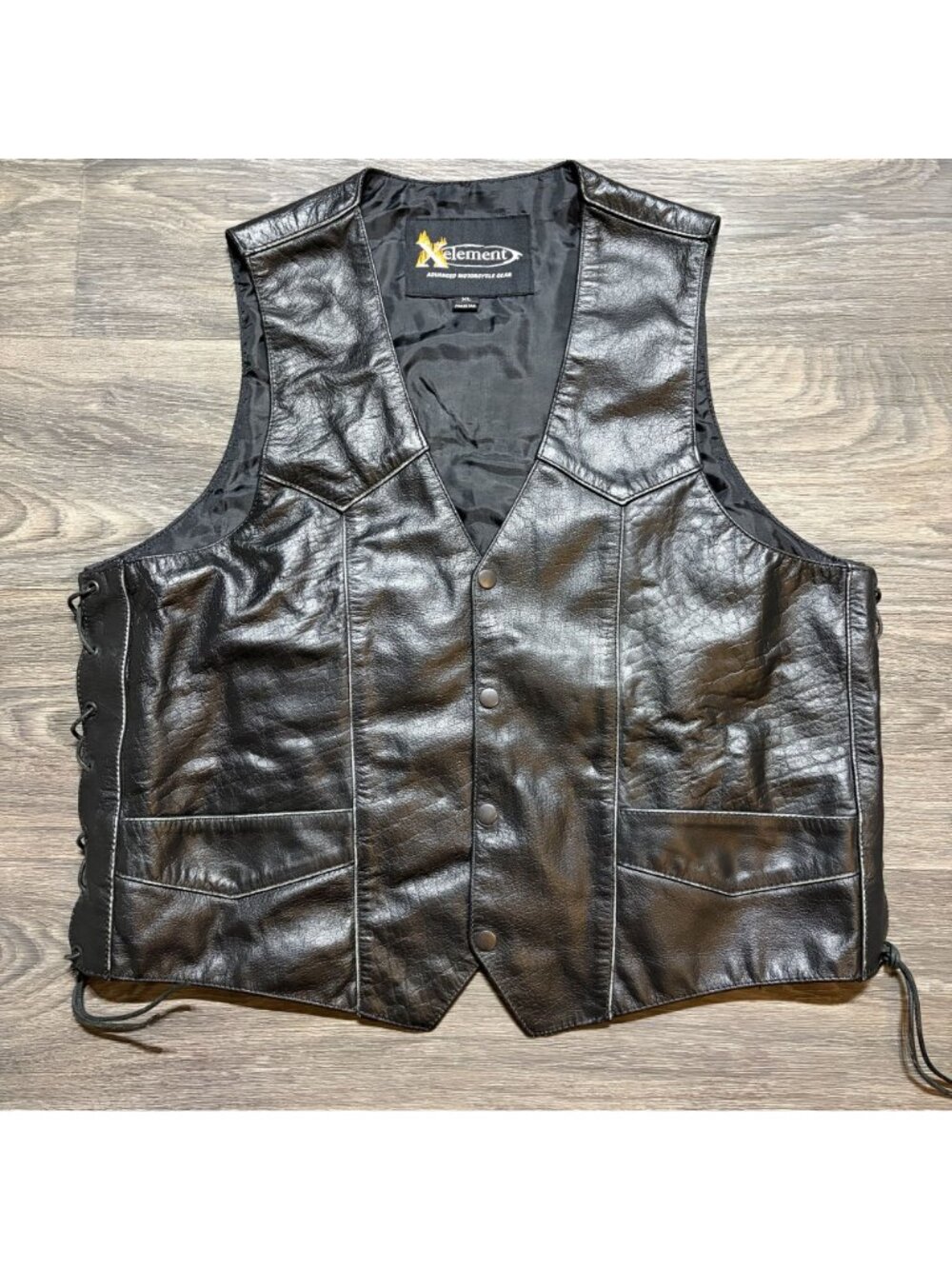 Vintage Xelement Motorcycle Leather Vest Black XL Mayhem Skull Wings Side Laces - Picture 6 of 14